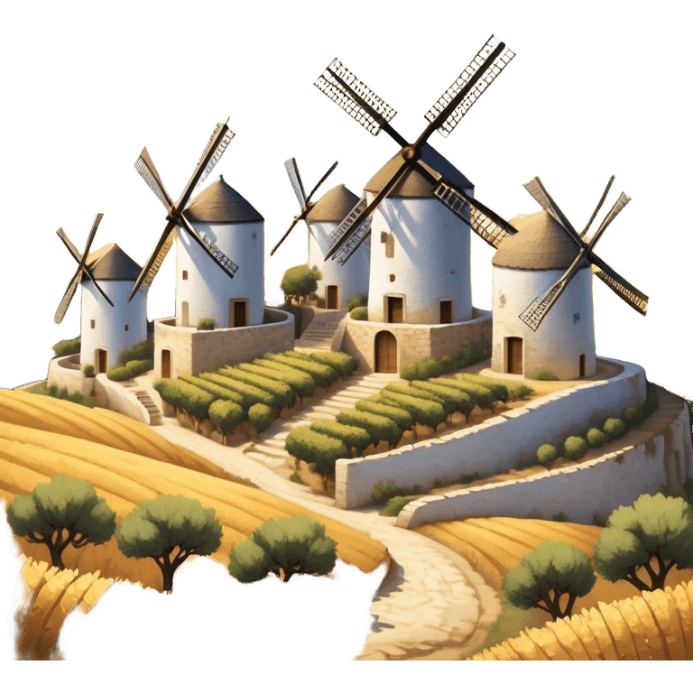 ​Cinematic Realistic Spanish Windmills (Mota del Cuervo), depicted as a cluster of gracefully aged windmills with weathered whitewashed facades and rustic wooden sails, standing proudly on a sunlit, rolling hillside of golden fields and olive groves, rendered with intricate textures and soft natural lighting that captures the timeless rural charm and historical significance of the Spanish landscape, emoji