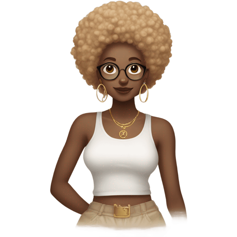 Natural Afro,modest long cami skirt,and graphic t shirt,clear glass ,white nails,golden rings  emoji