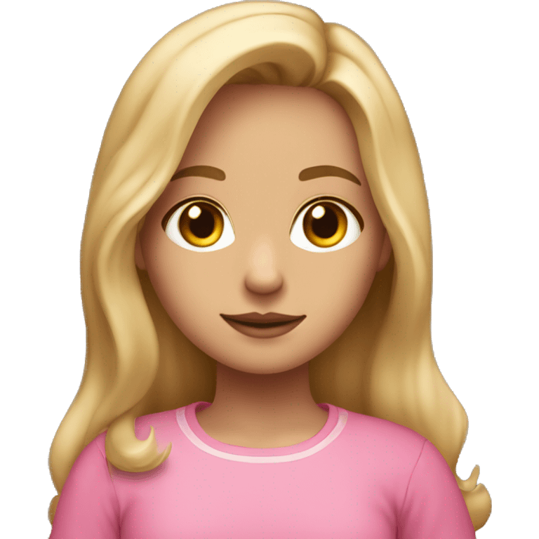 a girl with a middle part and dirty blonde hair and hazel eyes with a pretty pink shirt emoji