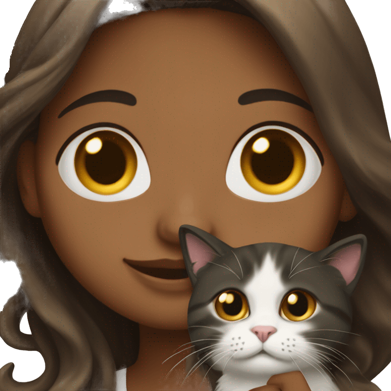 long wavy haired brown skin woman holding black and white cat emoji