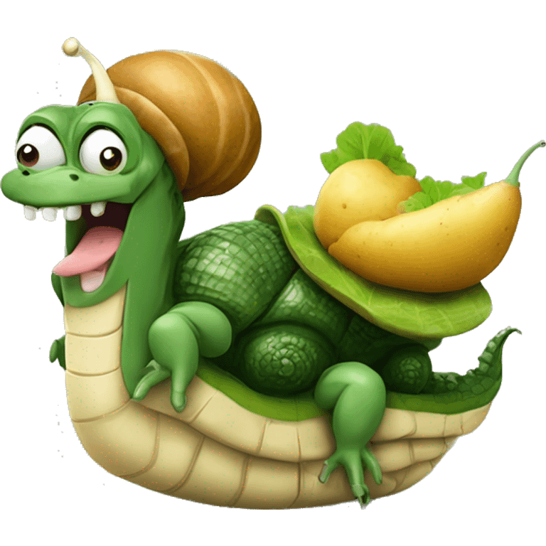 hybrid of snail and crocodile holding a potatoe with a sly grin on its face emoji