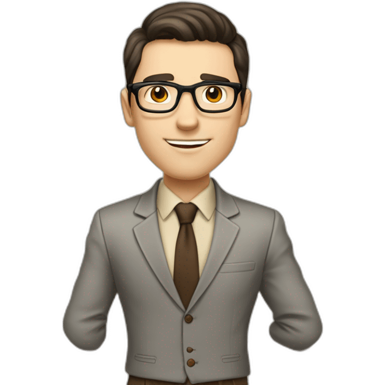 Pale skinned fit man with dark brown hair in gray jacket, beige office shirt, brown tie, brown pants and vintage glasses Writing on a marker board emoji