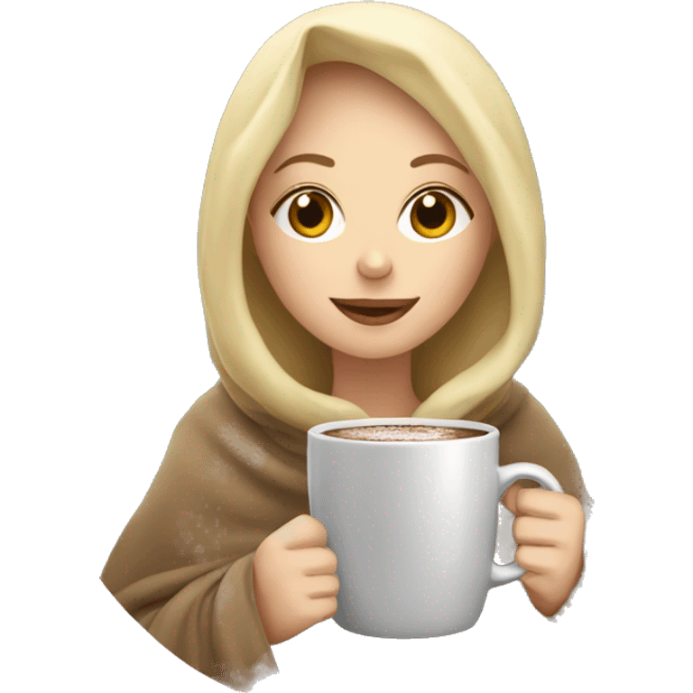 Blonde girl under blanket sipping hot chocolate emoji