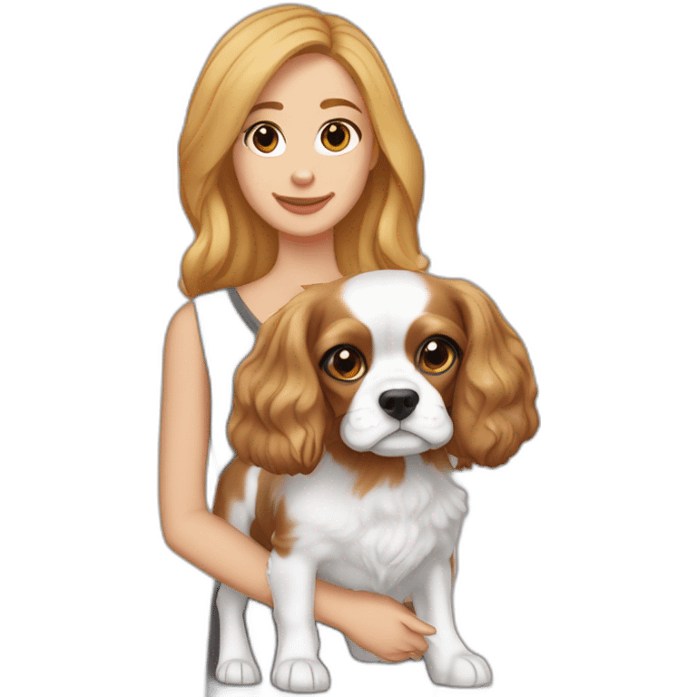 dark blonde girl with grey eyes and light skin holds two cavalier king charles spaniels blenheim and tricolor emoji