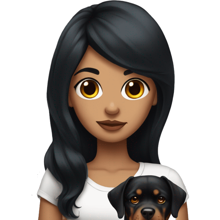 Girl with long black hair and tattoos with her Rottweiler emoji