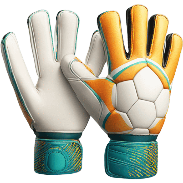 An emoji of a pair of goalkeeper gloves, slightly open, with a sporty design and padded palms, ready to catch a soccer ball emoji