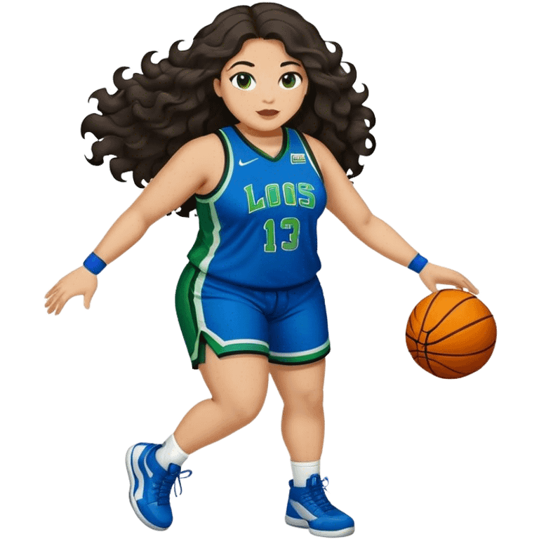 Full Body light skin Latino plus size women basketball player with long wavy dark hair  wearing blue and green uniform emoji