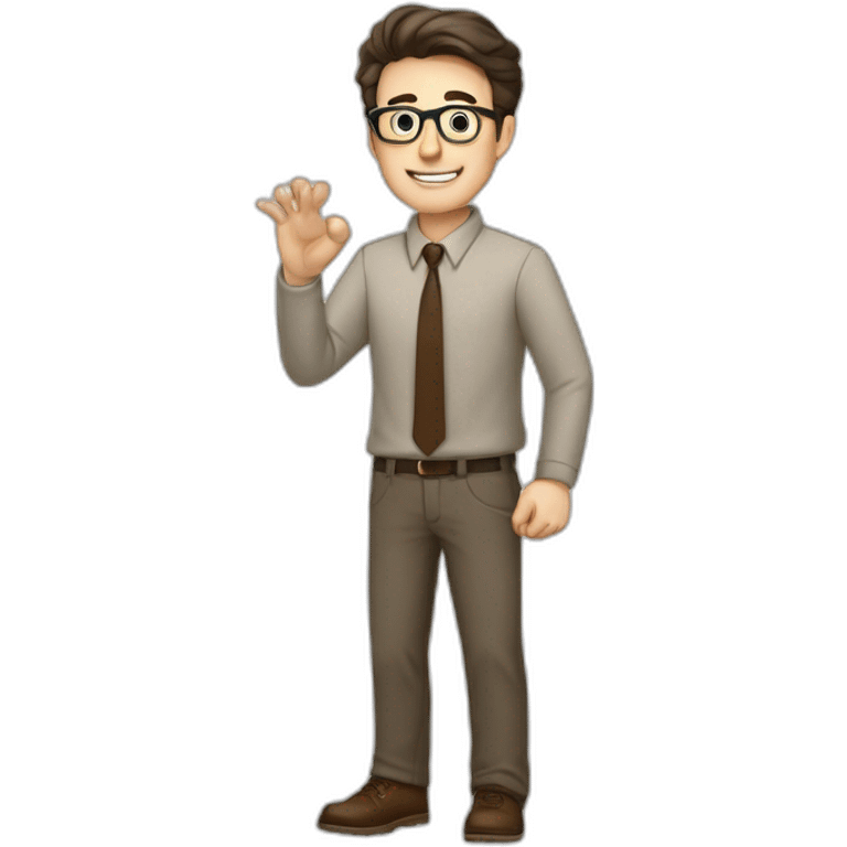 To belt Actively gesturing with hands Pale skinned fit man teacher with dark brown hair in gray jacket, beige office shirt, brown tie, brown pants and vintage glasses. emoji