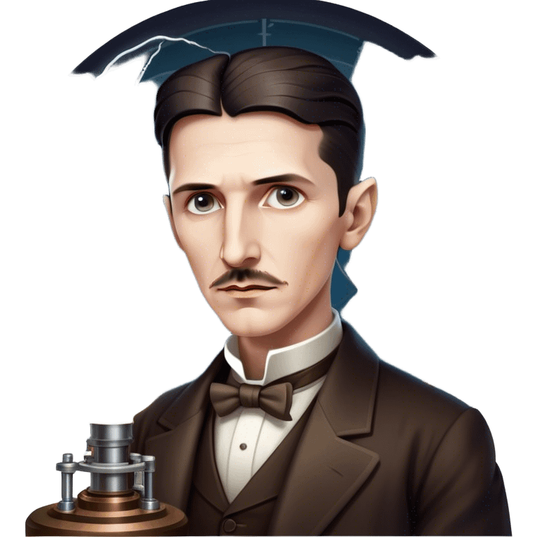 Nikola Tesla – Cinematic Realistic Portrait of Nikola Tesla, depicted as a visionary inventor with intense, thoughtful eyes and period attire, surrounded by subtle arcs of electric light and early laboratory apparatus, rendered with dramatic lighting that evokes mystery and innovation. emoji