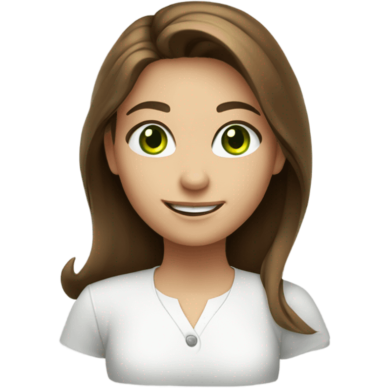 smiling girl with brown hair in white shirt green eyes emoji