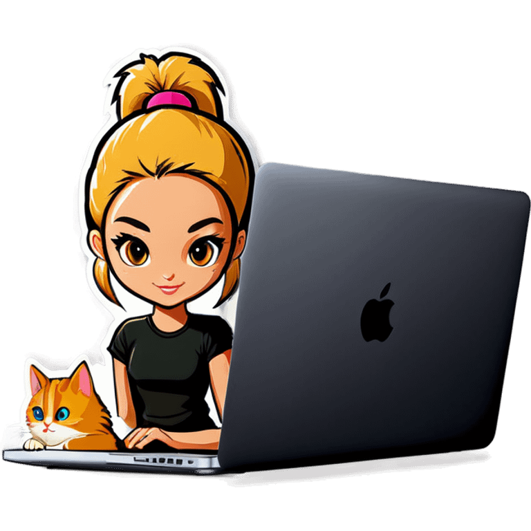 Blonde girl ponytail macBook and a cat emoji