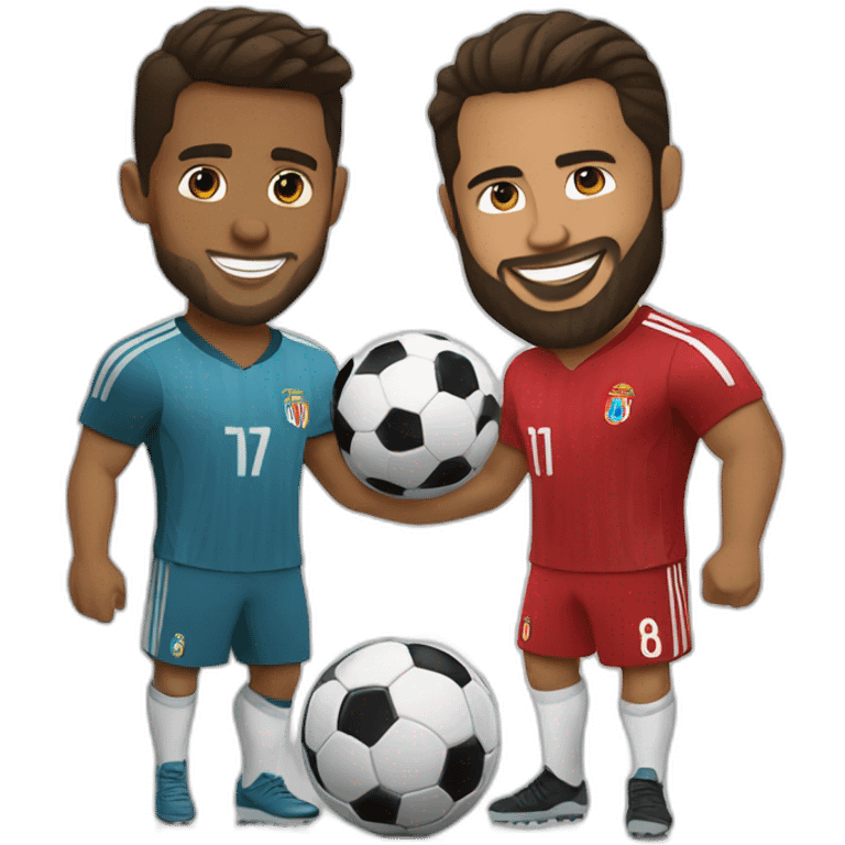 litlle brown man with a beard playing football with tall Cristiano Ronaldo emoji