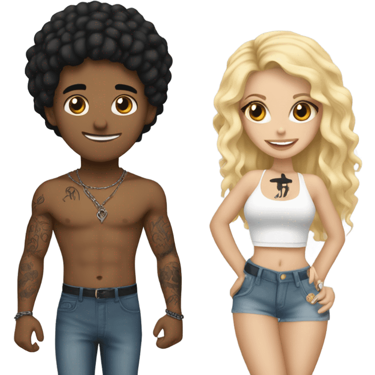 A black hair boy with tattoos with a blonde girl wearing a Shakira lace up croc top  emoji