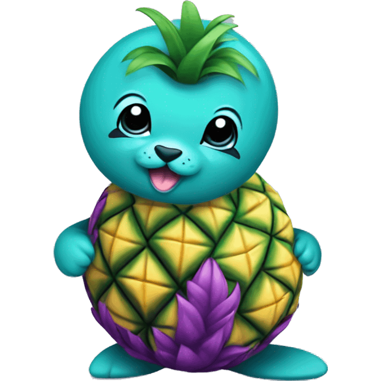 teal-colored seal holding a purple-colored pineapple emoji