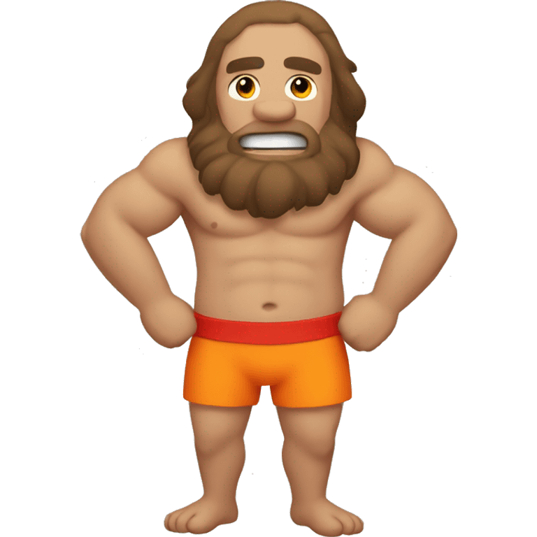 A bald caveman, with red swim trunks, and a orange lifesaver emoji