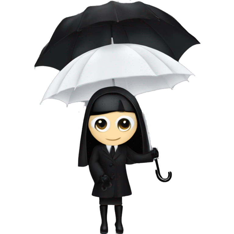 Audrey Hepburn as Morticia Addams at a rainy funeral holding a lacey umbrella. funeral veil ,gloves,purse.  emoji