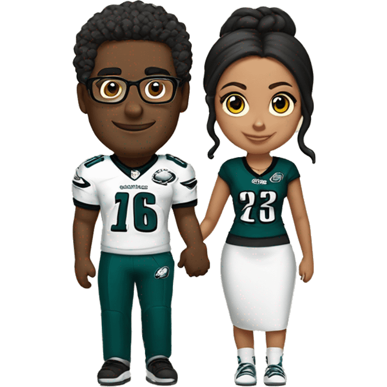 Brown guy and brown girl with glasses and hair in a bun in Philadelphia eagles clothes holding hands emoji