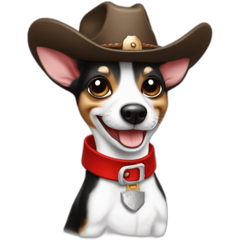 senior rat terrier wearing a cowboy hat and red collar smiling no brown (black and white) thumbs up emoji