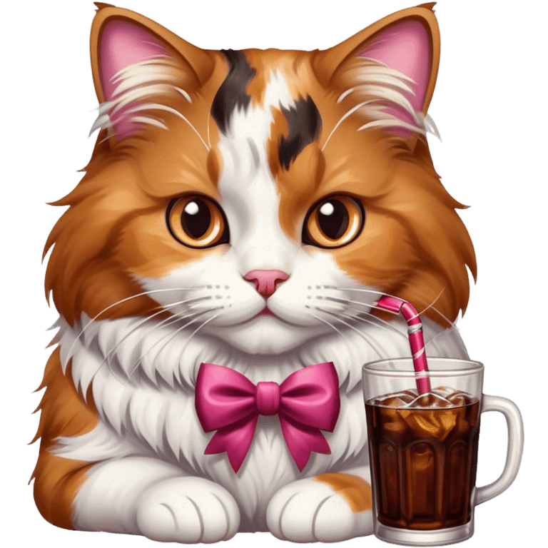 A big fluffy cat drinking Dr Pepper with a bow emoji