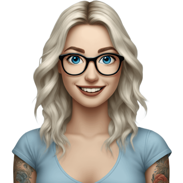 Hyper Realistic Balayage pale beautiful tattooed woman with glasses and blue eyes happy  emoji