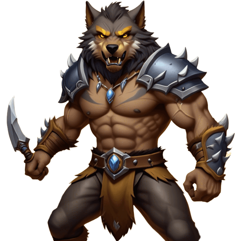 Cinematic Realistic WoW Worgen Portrait, captured in a dynamic, battle-ready stance, muscles rippling beneath his wild fur and tanned skin. His fierce, amber eyes and determined features, set against consistently detailed, worn leather attire, are rendered with dramatic natural lighting and high shine, embodying the raw, relentless fury of a worgen warrior in combat. emoji