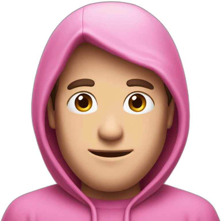 European guy wearing a pink Kirby face hood emoji