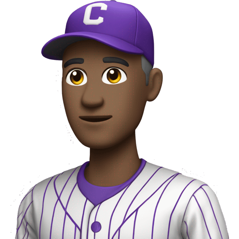 baseball card character. white male. letter C logo. Purple and white uniform.  emoji