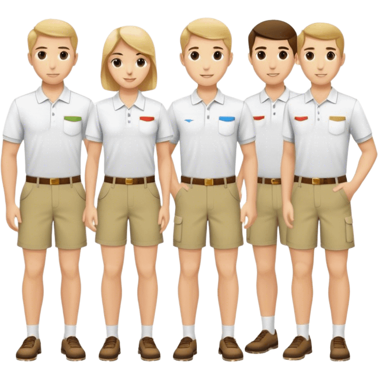 Group of pool attendants. plain white polos, khaki shorts.  emoji