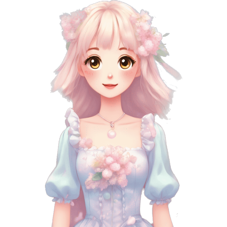 Gorgeous pastel anime style lady with blushing face with flower petals around cute dress  cottagecore fairycore pastelcore shiny colorful pearly petite simplistic aesthetic trending style emoji