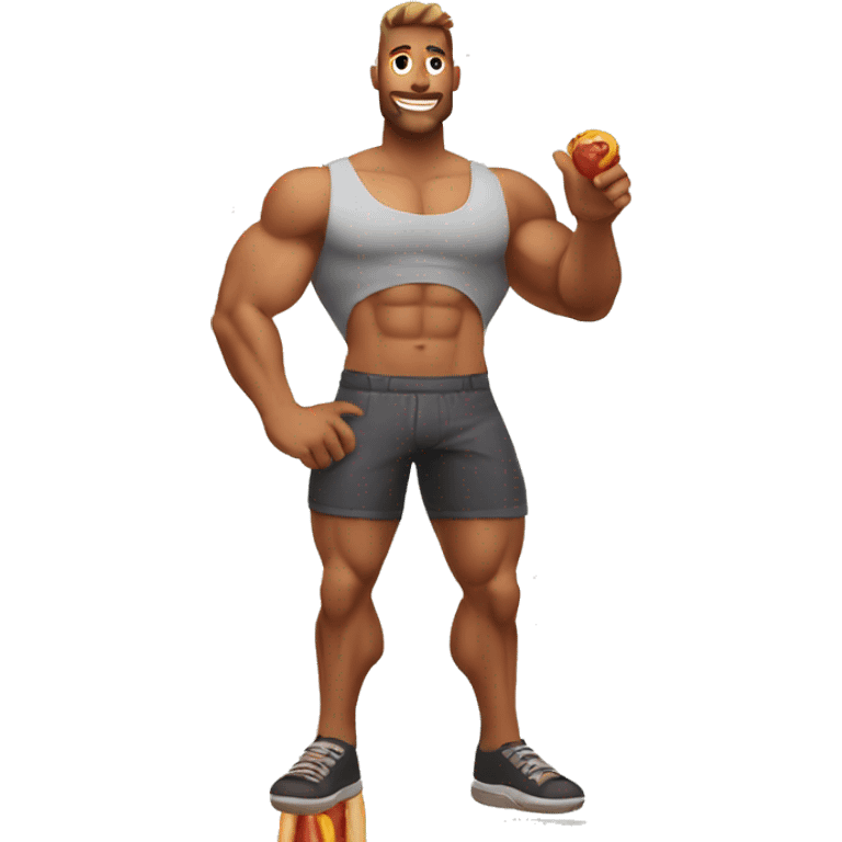 muscular man holding hotdog in his right hand showing his full body emoji