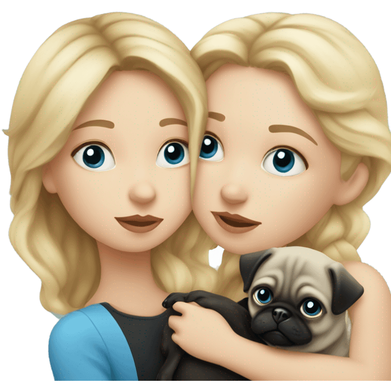 Girl with wavy blonde hair and blue eyes, kissing a black pug emoji