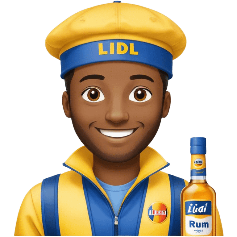 Black man smile. He has yellow and bleue cloth on him, with Lidl sloggan. He has a cap on his head, Lidl too. And he show us a bottle af rhum. emoji