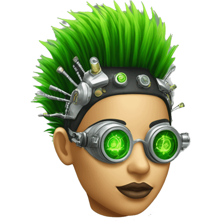 Neon green Mohawk hair Latina female cyborg head with silver steampunk goggles and circuits emoji