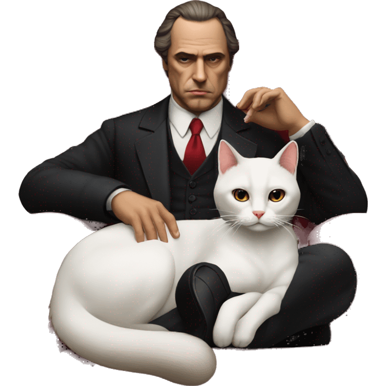 don corleone as a woman as a mafia boss sitting on a red chair petting a white cat on his lap emoji