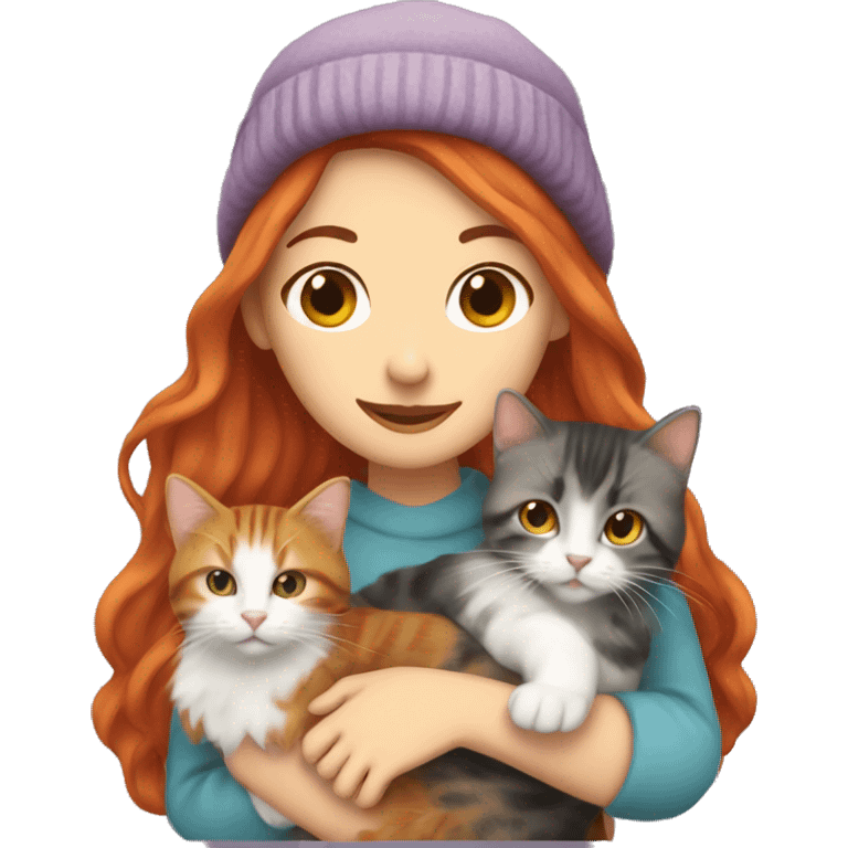 Long Red haired white woman in beanie with holding a long haired tabby cat emoji