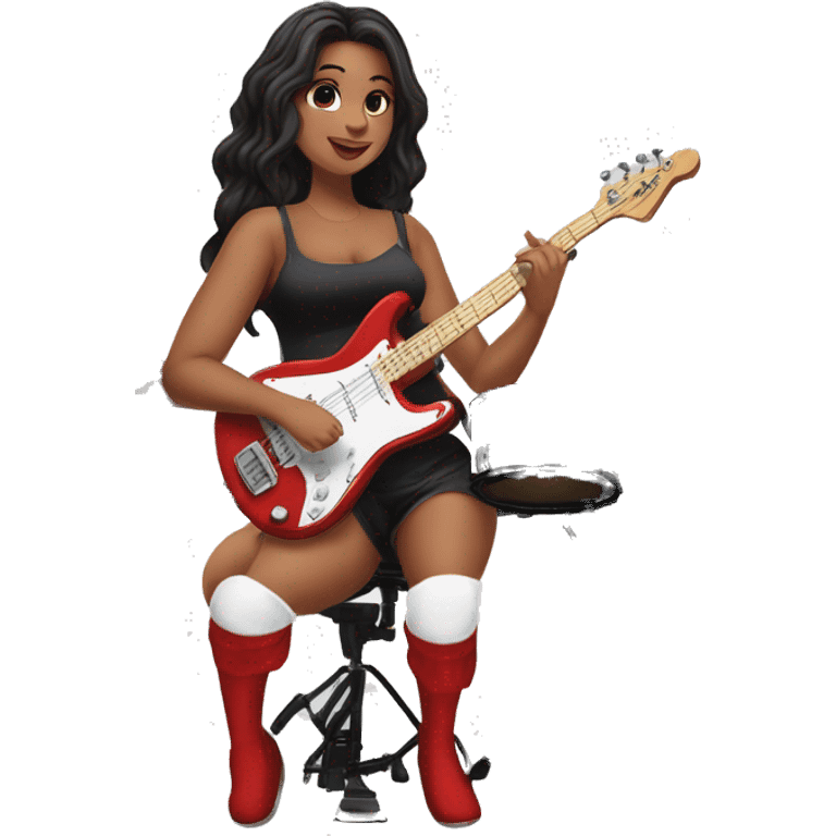 alistic full body caucasian curvy beauty short black skirt front view knickers long white socks sitting playing red drumkit emoji