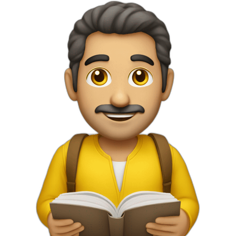 Armenian men with the yellow clothes reading book and looking at camera and smiling  emoji