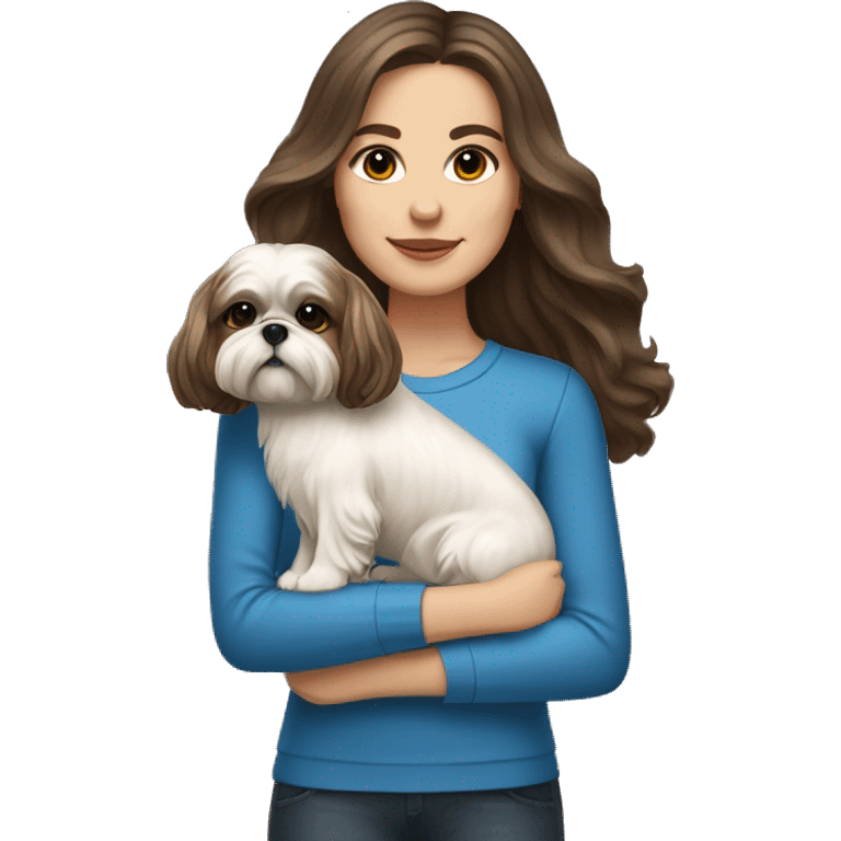 Young brunette hair woman with a cream shih tzu in her arms long wavy hair emoji