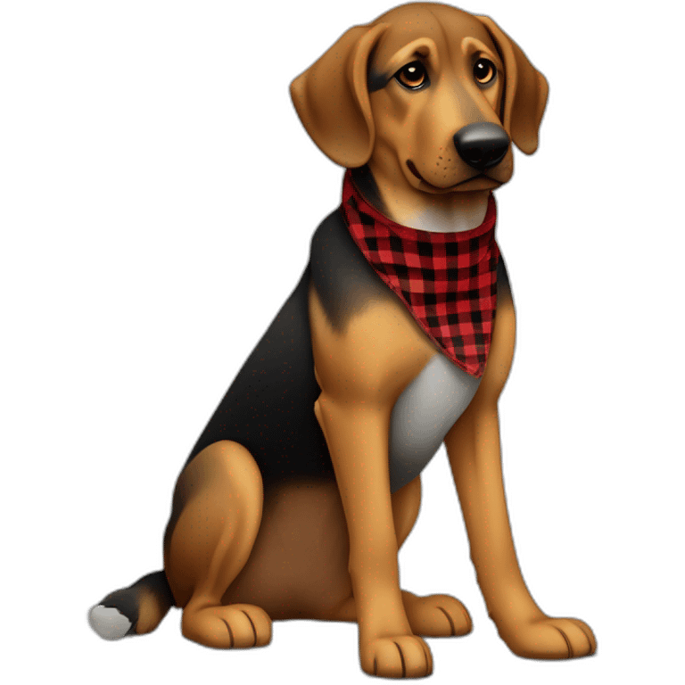 75% Coonhound 25% German Shepherd mix dog wearing small pointed red buffalo plaid bandana side view full body facing left emoji