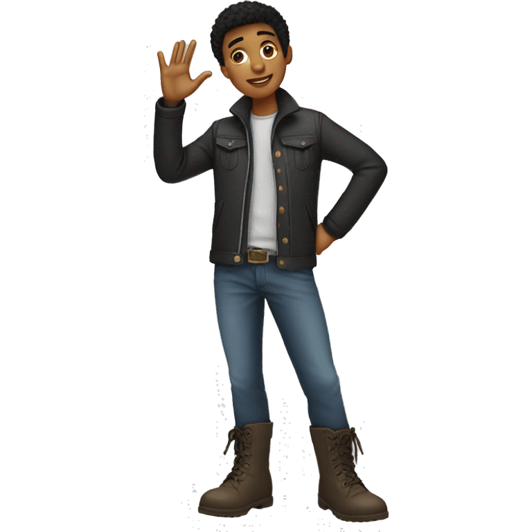 a black and white cartoon boy wearing boots one by one using his hand emoji