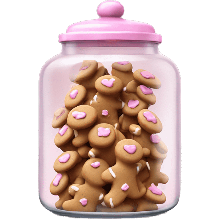 Realistic glass cookie jar with light pink lid full of gingerbread cookies isolated.  emoji