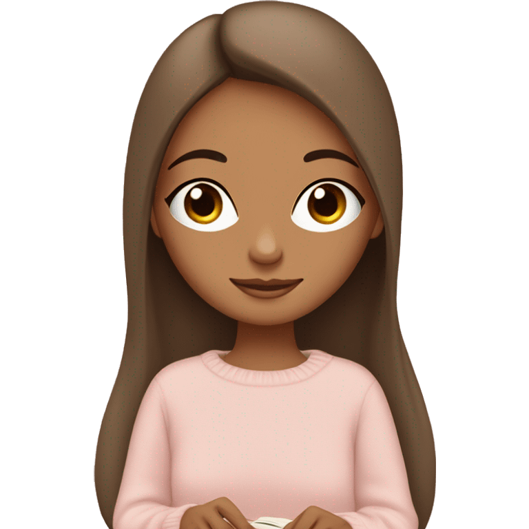 Pretty brown eyed tan girl with light pink sweater reading cozy emoji