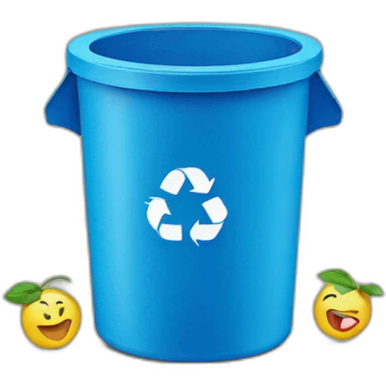 Blue recyclable trash can with recycling emoji prints emoji