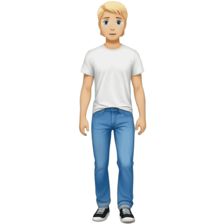 A cinematic realistic blond man with blue eyes, dressed in wide jeans and a T-shirt, walks against a background of trees emoji