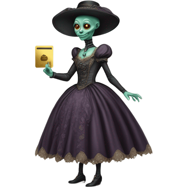 alien galora in Victorian dress elegant, full body, holding big credit card emoji