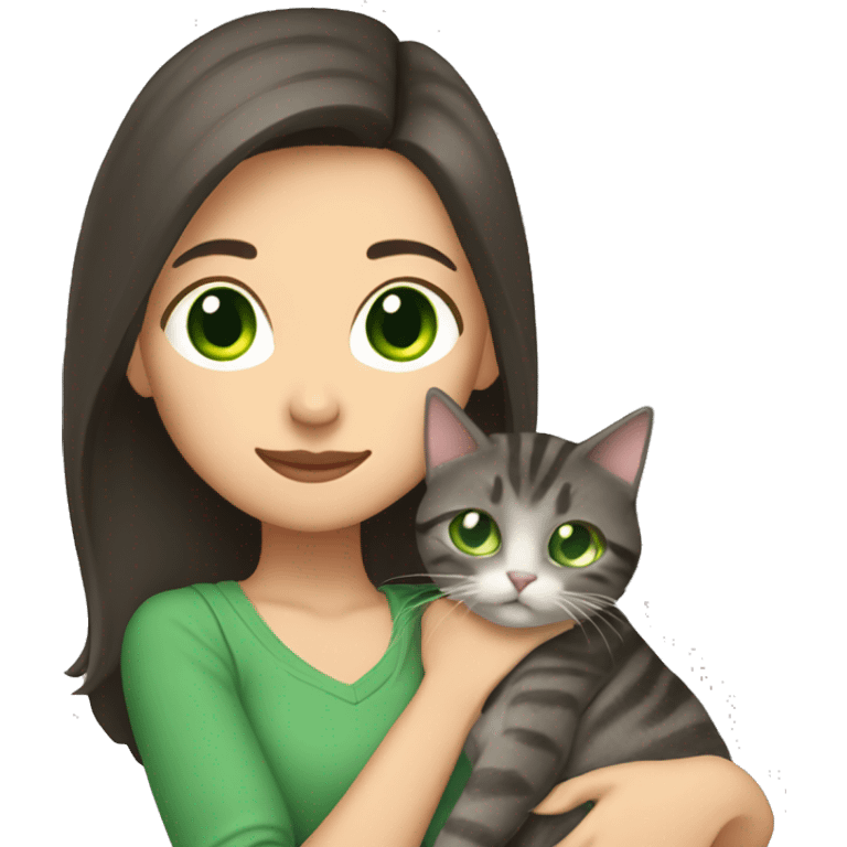 A woman with long dark brown hair and green eyes holds a gray tabby cat with green eyes in her arms emoji