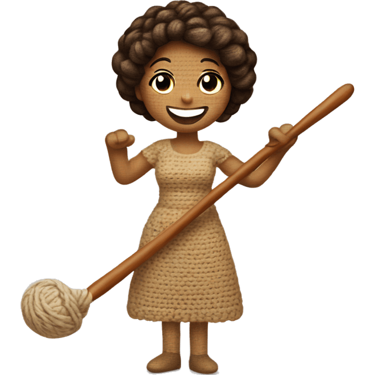 Smiling, waving woman riding a crochet hook emoji