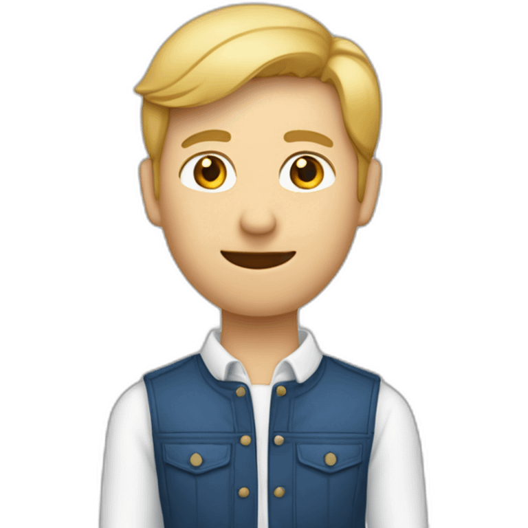 Een man met een rode jas en kort blond haar en een spijkerbroek aan en witte tanden emoji