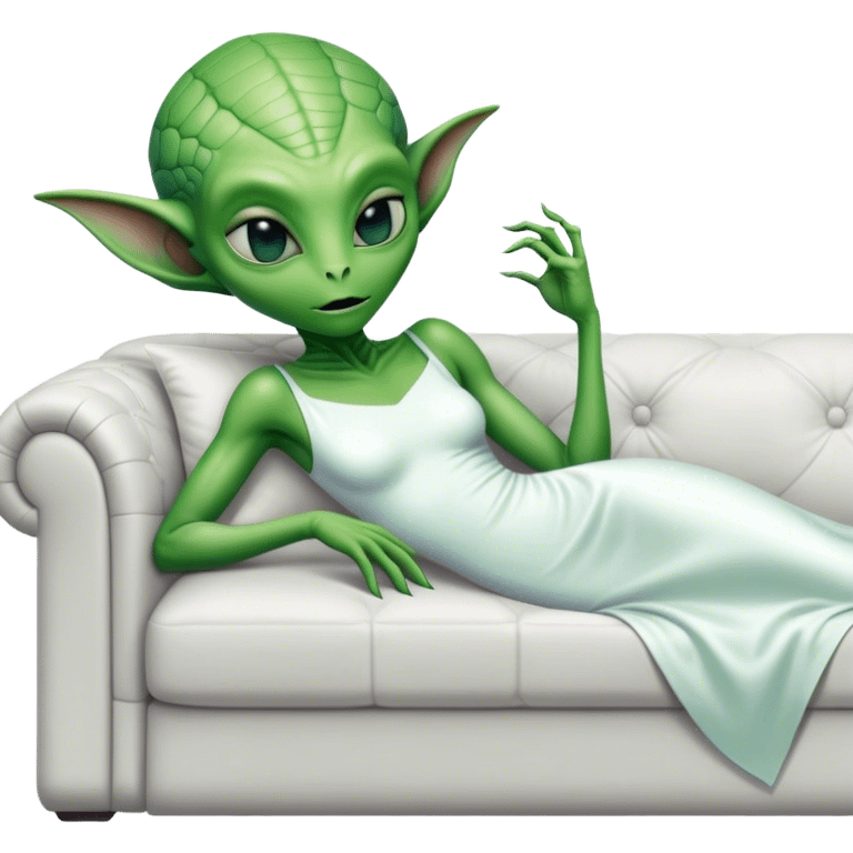 hyper-realistic reptilian green alien woman, in white dress, lie on couch comfy emoji