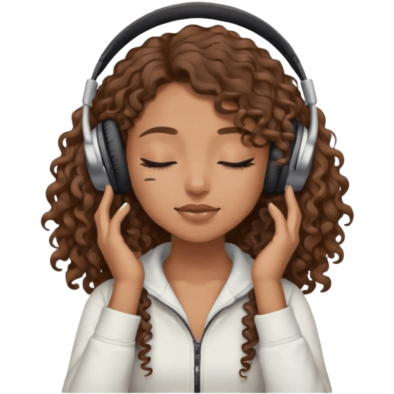 Light brown skin girl, long curly brown flat hair, eyes closed, headphones on listing to music emoji